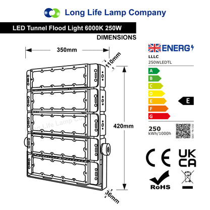 250w LED Tunnel Light High Brightness Security Flood Light IP65 6000K - Free delivery on all orders