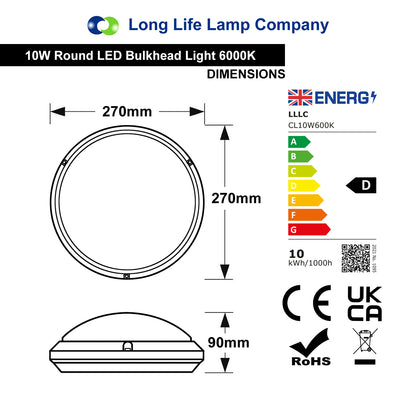 10w Round LED Ceiling Light Flush Mount Bulkhead Light Fitting Cool White