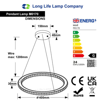 24W LED Ring Pendant Light Cool White 6000K Chrome