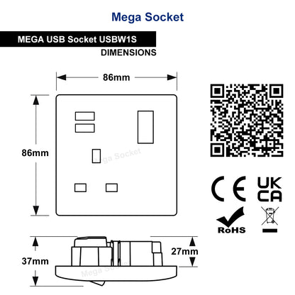 1 Gang USB Switch Socket 13A Twin Port White Single Plug Wall Outlet USBW1S - Free delivery on all orders