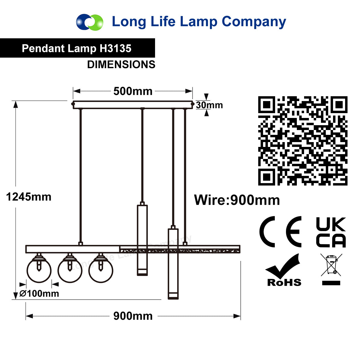 LED Bar 5 Light Black Ceiling Pendant Light Mini Glass Globes Slim Tubular