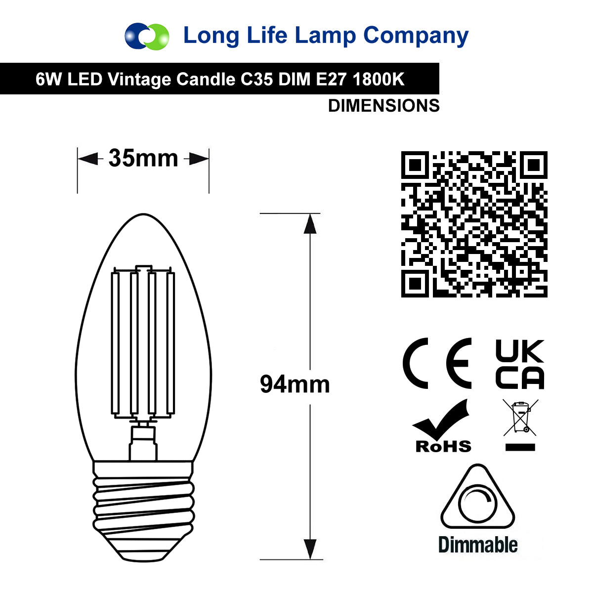 6w Dimmable LED Candle E27 Filament Light Bulb Edison Screw Amber Glass