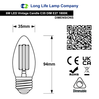 6w Dimmable LED Candle E27 Filament Light Bulb Edison Screw Amber Glass