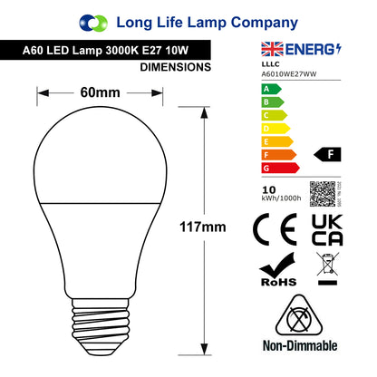 10w A60 GLS LED Light Bulbs E27 Edison Screw Warm White - Free delivery on all orders