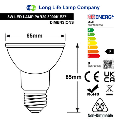 PAR20 8w Warm White 38 Degree Beam - Free delivery on all orders