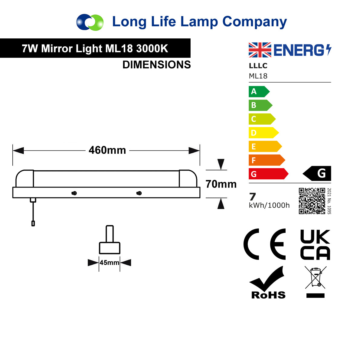 7w LED Bathroom Mirror Wall Light With Pull Cord Warm White 3000K IP44