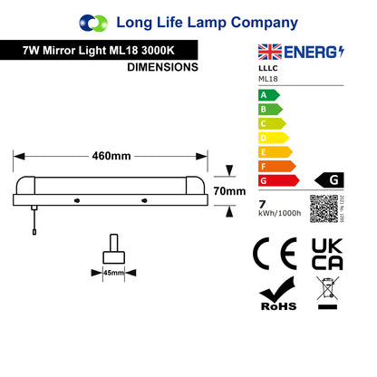 7w LED Bathroom Mirror Wall Light With Pull Cord Warm White 3000K IP44
