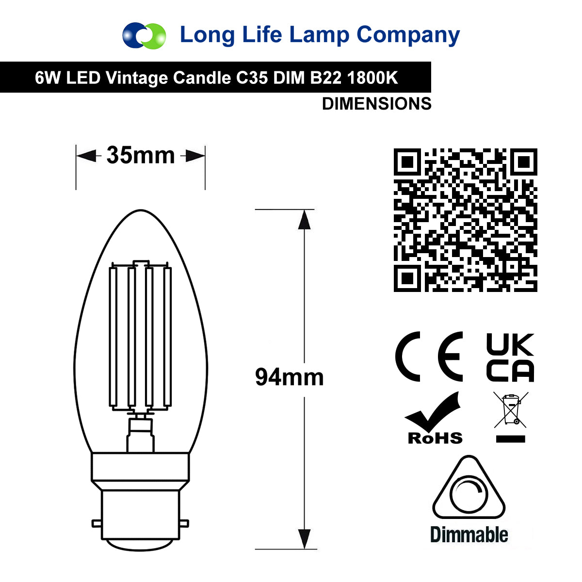 6w Dimmable LED Candle B22 Filament Light Bulb Bayonet Cap Amber Glass