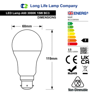 15w 3 Pin Light Bulb LED Warm White 3000K BC3
