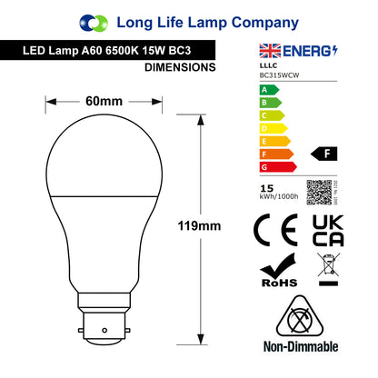 15w 3 Pin Light Bulb LED Cool White 6500k BC3