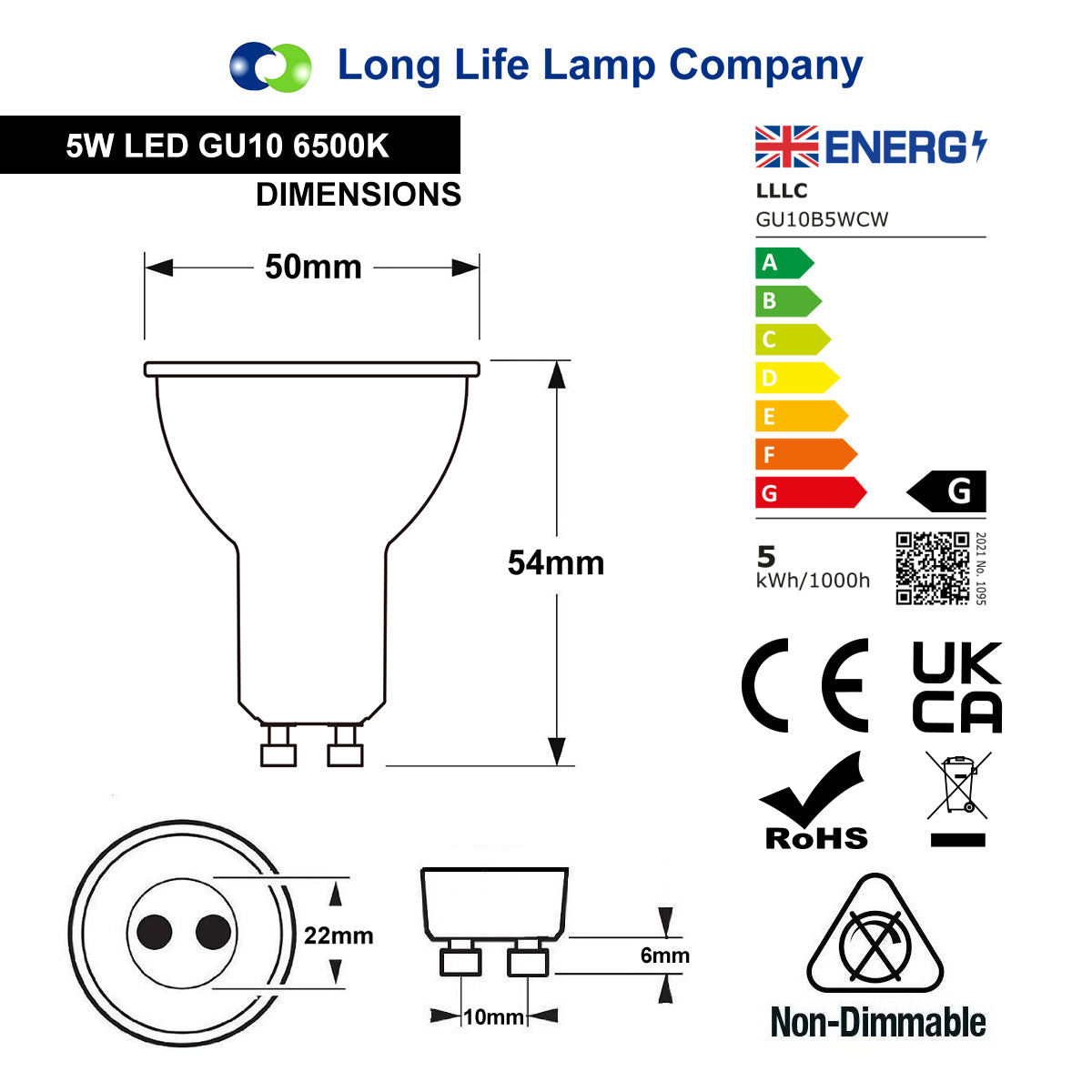 5 PACK 5w GU10 LED Replacement for Halogen Bulb Cool White 6500K