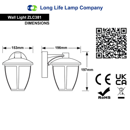 Outdoor Downward Wall Light Black Lantern Clear Diffuser IP44
