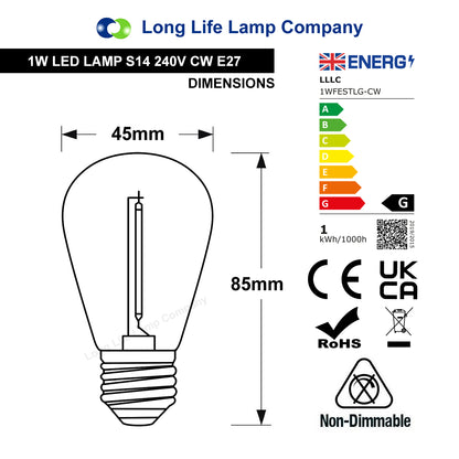 Pack of 2 LED Filament Light Bulb 1w E27 Edison Screw Cool White Decorative Festoon Lamp