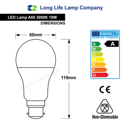 15w GLS LED Light Bulb B22 Bayonet Warm White A60