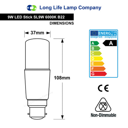 9w LED Stick Light Bulb B22 Cool White 3U Replacement 60w Equivalent - Free delivery on all orders