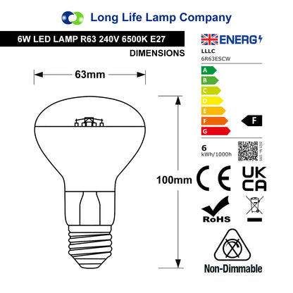 6W R63 LED Bulb E27 Cool White 6500K 50W Halogen Equivalent - Free delivery on all orders