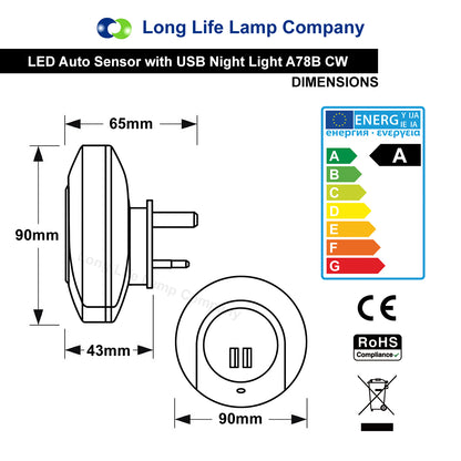 1w White LED Night Light 2 USB Ports Automatic Sensor Dusk To Dawn A78B - Free delivery on all orders
