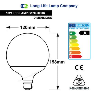 18w Round LED Globe Bulb B22 Bayonet Base Cool White Equivalent To 162w