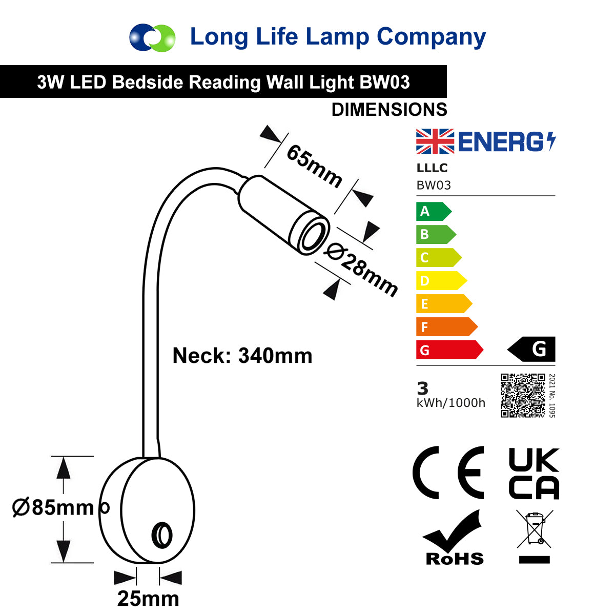 3W LED Adjustable Black Wall Mounted Reading Light with Flexible Arm Warm White 3000K
