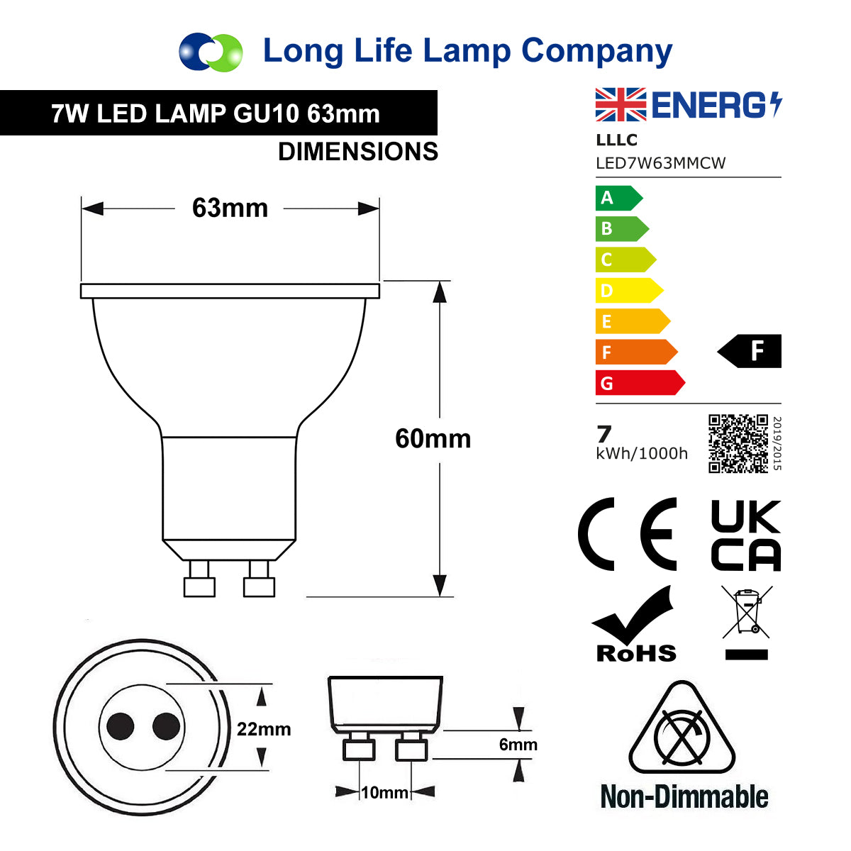 7w 63mm GU10 LED Cool White Replacement for 63mm Halogen Bulb