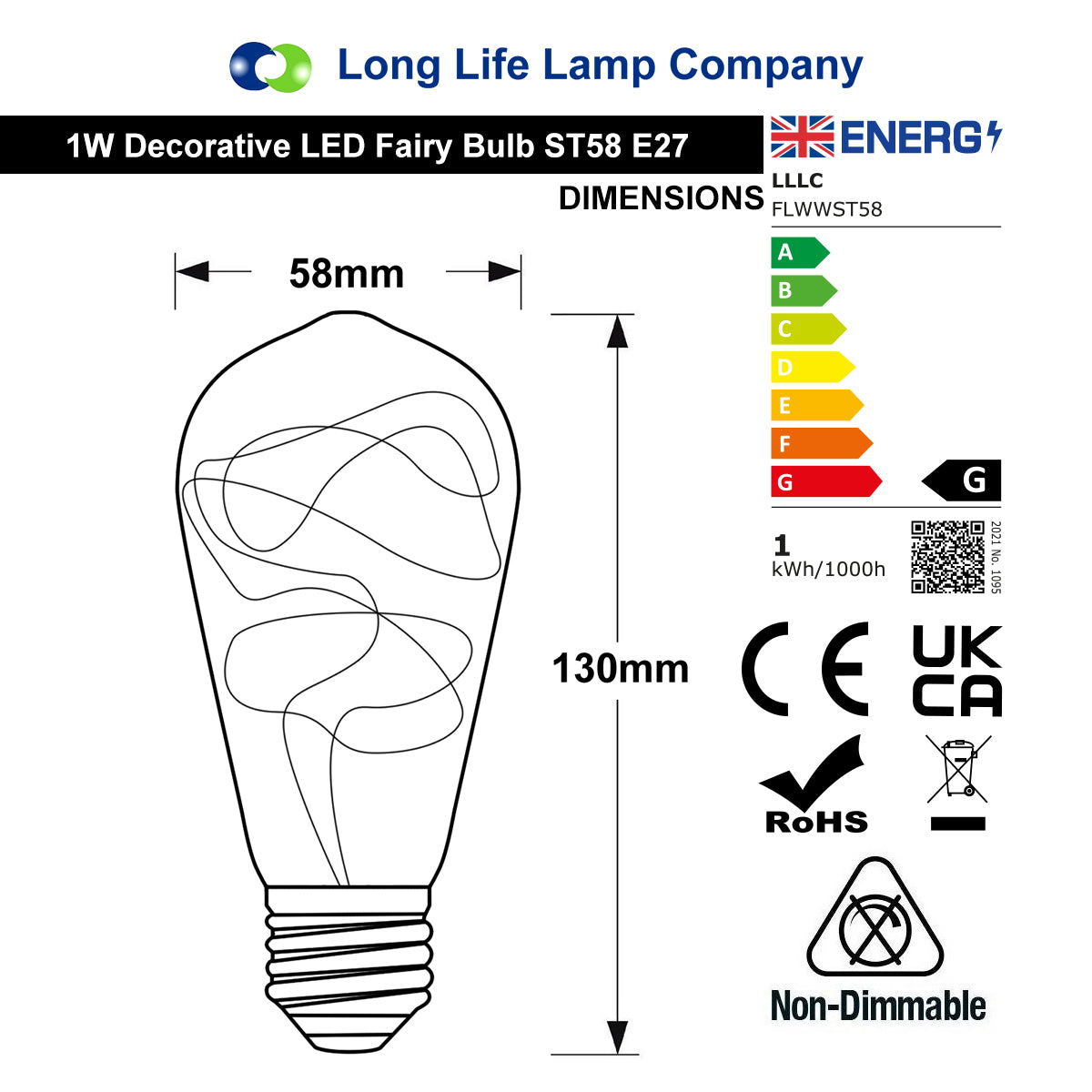1w E27 ST58 LED Warm White Fairy String Filament Light Bulb - Free delivery on all orders