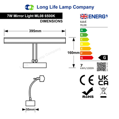 7W LED Bathroom Mirror Light 6500K Cool White IP20 Wall Light - Free delivery on all orders