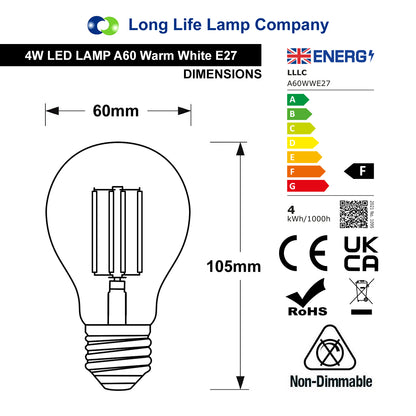 A60 4w LED Filament Light Bulb Warm White E27 Edison Screw Clear Glass