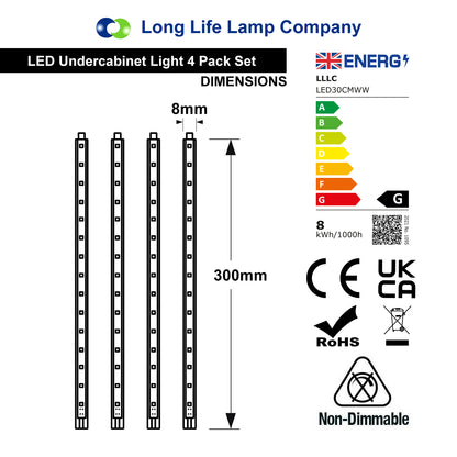 4 x 30cm Plug In LED Under Kitchen Cupboard Cabinet Strip Light Warm White
