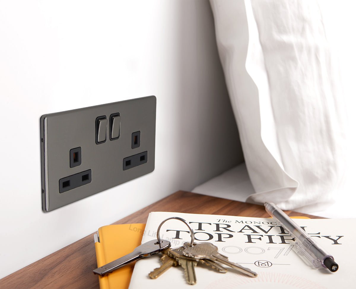 Double Wall Socket Switched Black Nickel 2 Gang Screwless 13a Double Pole - Energy Light Bulbs - Free delivery on all orders