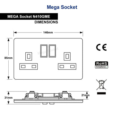 Double Wall Socket Switched Black Nickel 2 Gang Screwless 13a Double Pole - Energy Light Bulbs - Free delivery on all orders