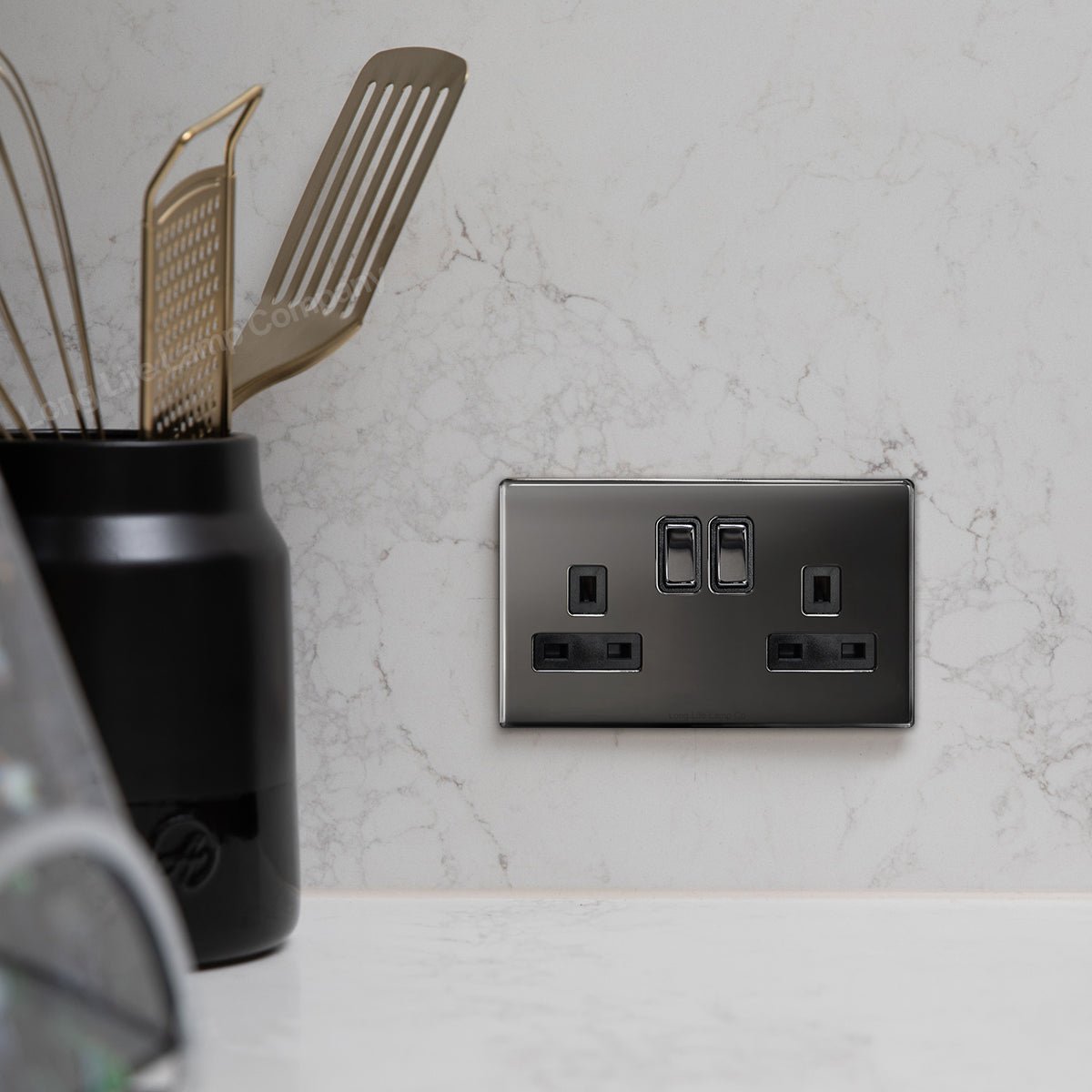 Double Wall Socket Switched Black Nickel 2 Gang Screwless 13a Double Pole - Energy Light Bulbs - Free delivery on all orders