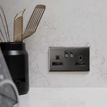 Double Wall Socket Switched Black Nickel 2 Gang Screwless 13a Double Pole - Energy Light Bulbs - Free delivery on all orders