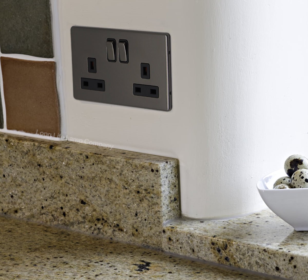 Double Wall Socket Switched Black Nickel 2 Gang Screwless 13a Double Pole - Energy Light Bulbs - Free delivery on all orders