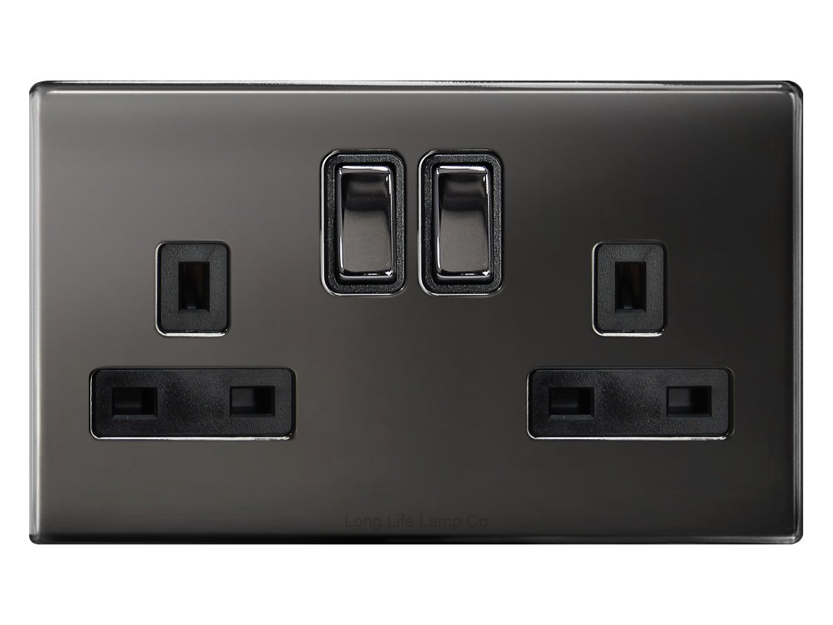 Double Wall Socket Switched Black Nickel 2 Gang Screwless 13a Double Pole - Energy Light Bulbs - Free delivery on all orders