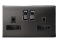 Double Wall Socket Switched Black Nickel 2 Gang Screwless 13a Double Pole
