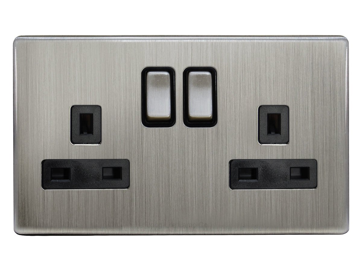Double Wall Socket Switched Gloss Brushed Chrome 2 Gang Screwless 13a Double Pole - Energy Light Bulbs - Free delivery on all orders