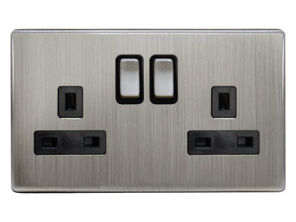 Double Wall Socket Switched Gloss Brushed Chrome 2 Gang Screwless 13a Double Pole - Energy Light Bulbs - Free delivery on all orders