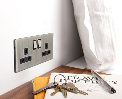 Double Wall Socket Switched Gloss Brushed Chrome 2 Gang Screwless 13a Double Pole - Energy Light Bulbs - Free delivery on all orders