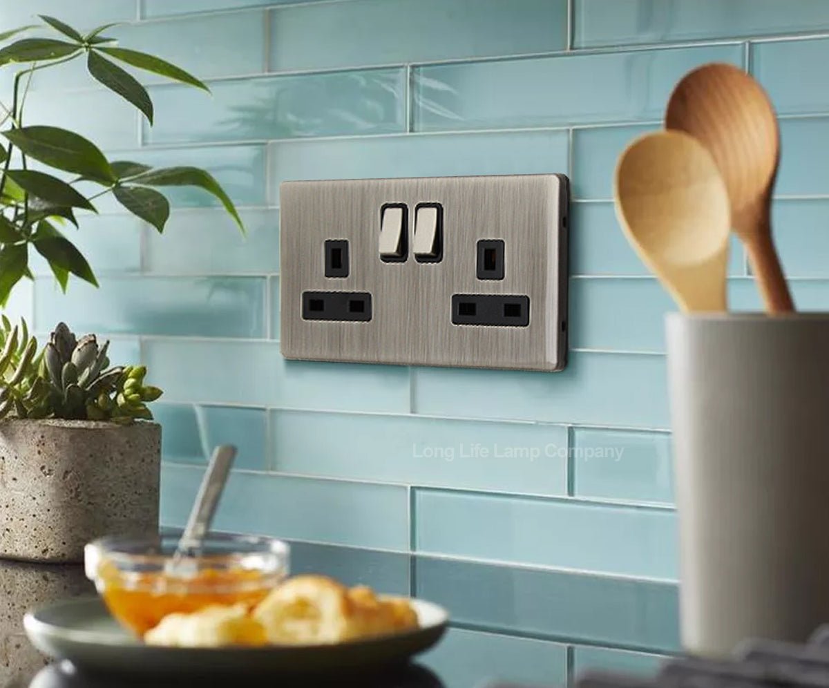 Double Wall Socket Switched Gloss Brushed Chrome 2 Gang Screwless 13a Double Pole - Energy Light Bulbs - Free delivery on all orders