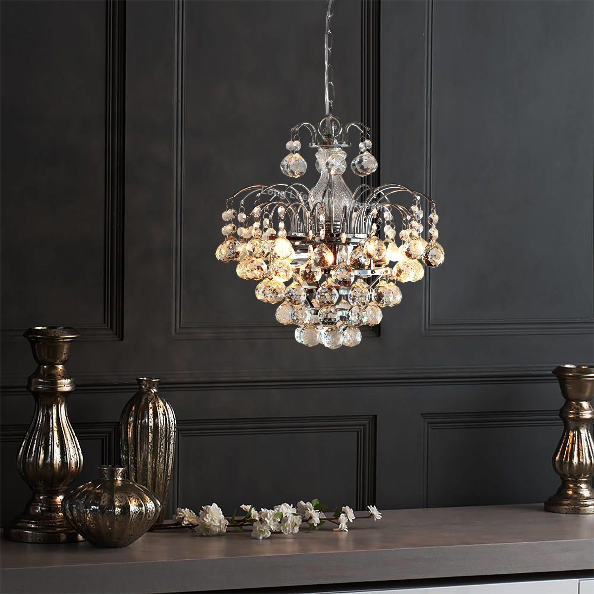 Droplet Fountain Crystal Chandelier Ceiling Pendant Light Reflect Chrome Finish and Real Crystals - Energy Light Bulbs - Free delivery on all orders