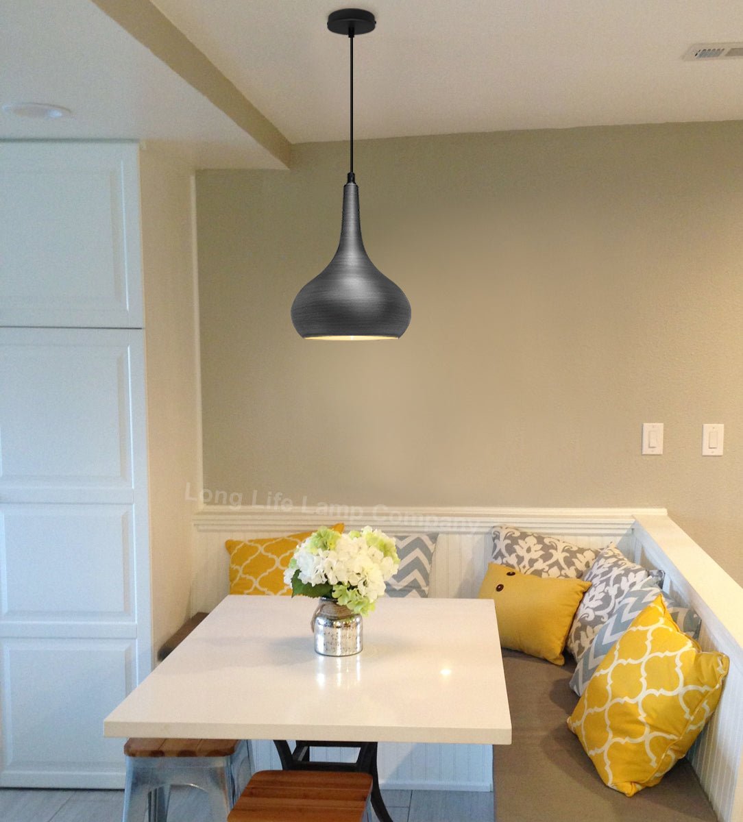 Droplet Modern Ceiling Pendant Light Grey Dark Pewter Metal Shade - Energy Light Bulbs - Free delivery on all orders