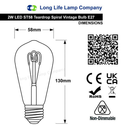 Edison Classics 2w Vintage LED Filament Bulb Teardrop Spiral ST58 Smoke Gold Glass E27 Edison Screw - Energy Light Bulbs - Free delivery on all orders