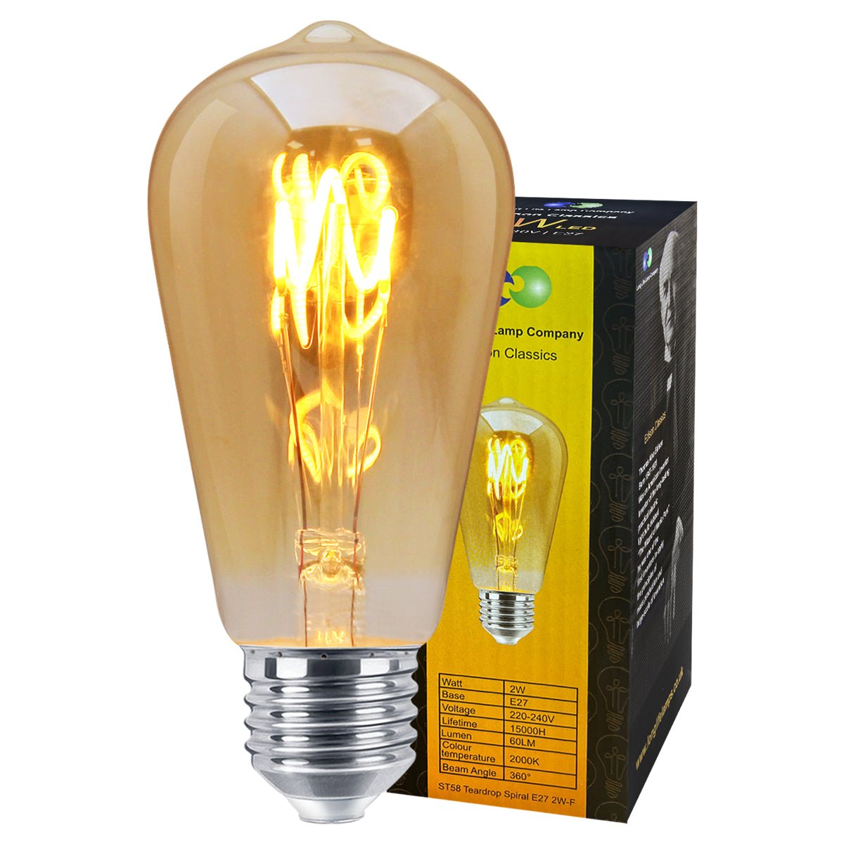 Edison Classics 2w Vintage LED Filament Bulb Teardrop Spiral ST58 Smoke Gold Glass E27 Edison Screw - Energy Light Bulbs - Free delivery on all orders