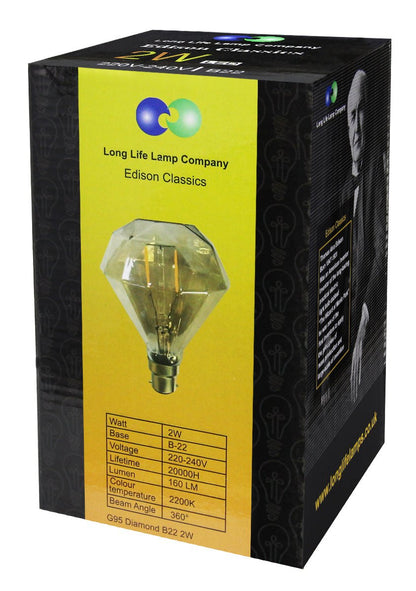 Elegant Vintage LED 2w Filament Light Bulb Diamond Shape Smoked Glass B22 Stunning Look - Energy Light Bulbs - Free delivery on all orders