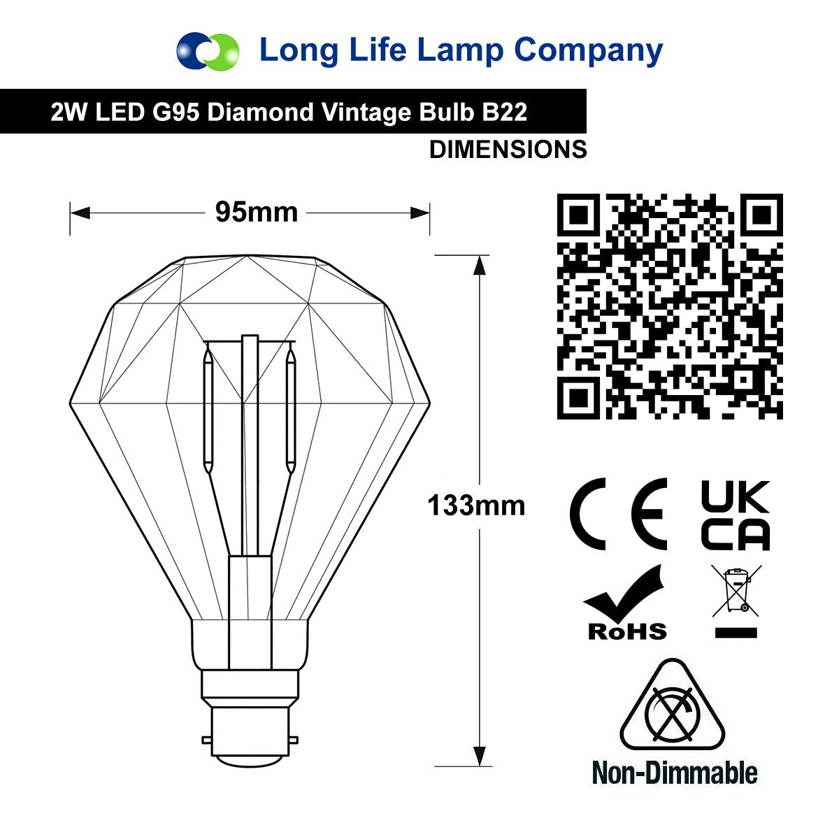 Elegant Vintage LED 2w Filament Light Bulb Diamond Shape Smoked Glass B22 Stunning Look - Energy Light Bulbs - Free delivery on all orders