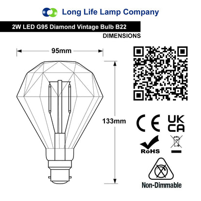 Elegant Vintage LED 2w Filament Light Bulb Diamond Shape Smoked Glass B22 Stunning Look - Energy Light Bulbs - Free delivery on all orders