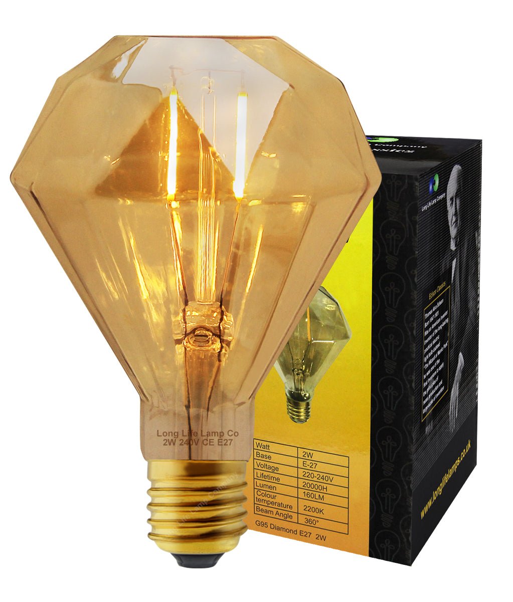 Elegant Vintage LED 2w Filament Light Bulb Diamond Shape Smoked Glass E27 - Energy Light Bulbs - Free delivery on all orders