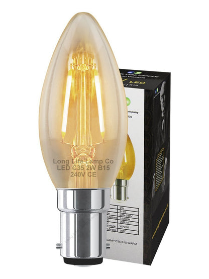 Filament Vintage 2w LED Candle Light Bulb B15 Small Bayonet Clear Glass - Energy Light Bulbs - Free delivery on all orders