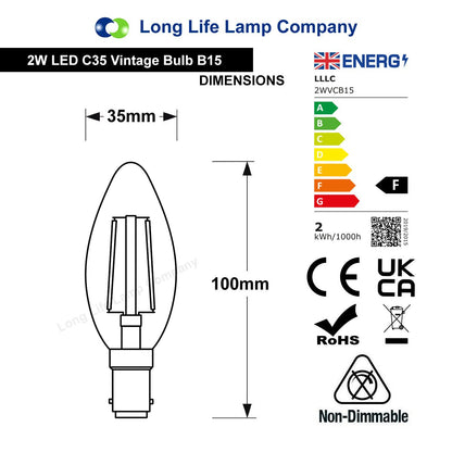 Filament Vintage 2w LED Candle Light Bulb B15 Small Bayonet Clear Glass - Energy Light Bulbs - Free delivery on all orders