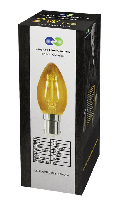 Filament Vintage 2w LED Candle Light Bulb B15 Small Bayonet Clear Glass - Energy Light Bulbs - Free delivery on all orders